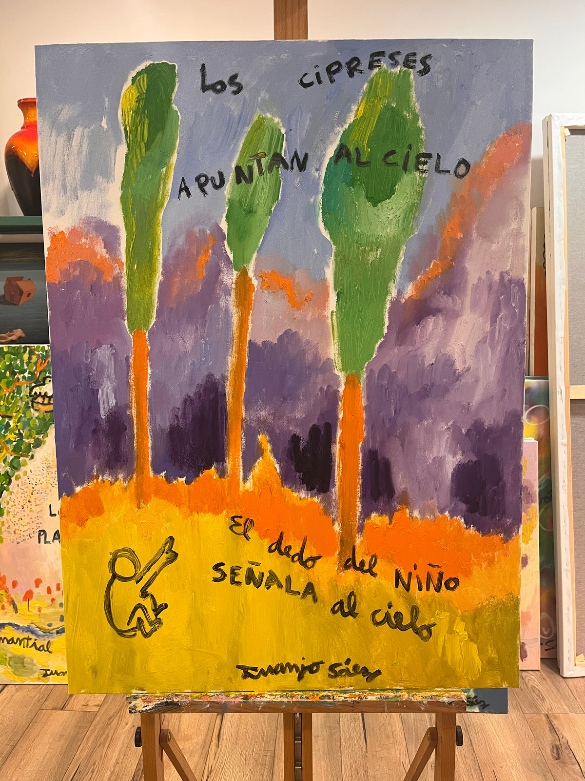 El dedo del niño señala al cielo · Óleo sobre tela · Juanjo Sáez