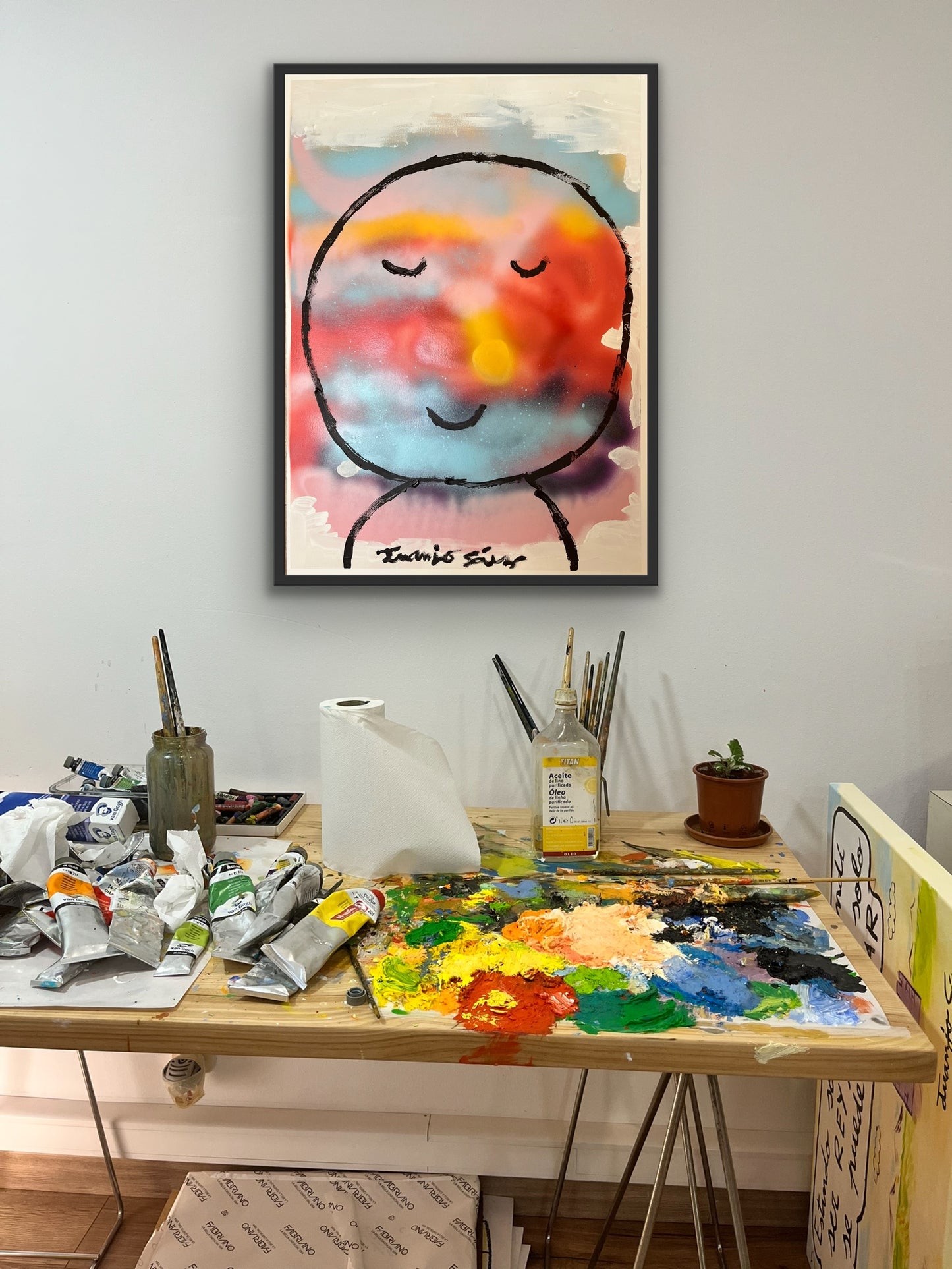 Planeta Feliz · Acrílico y aerosol sobre papel · Juanjo Sáez