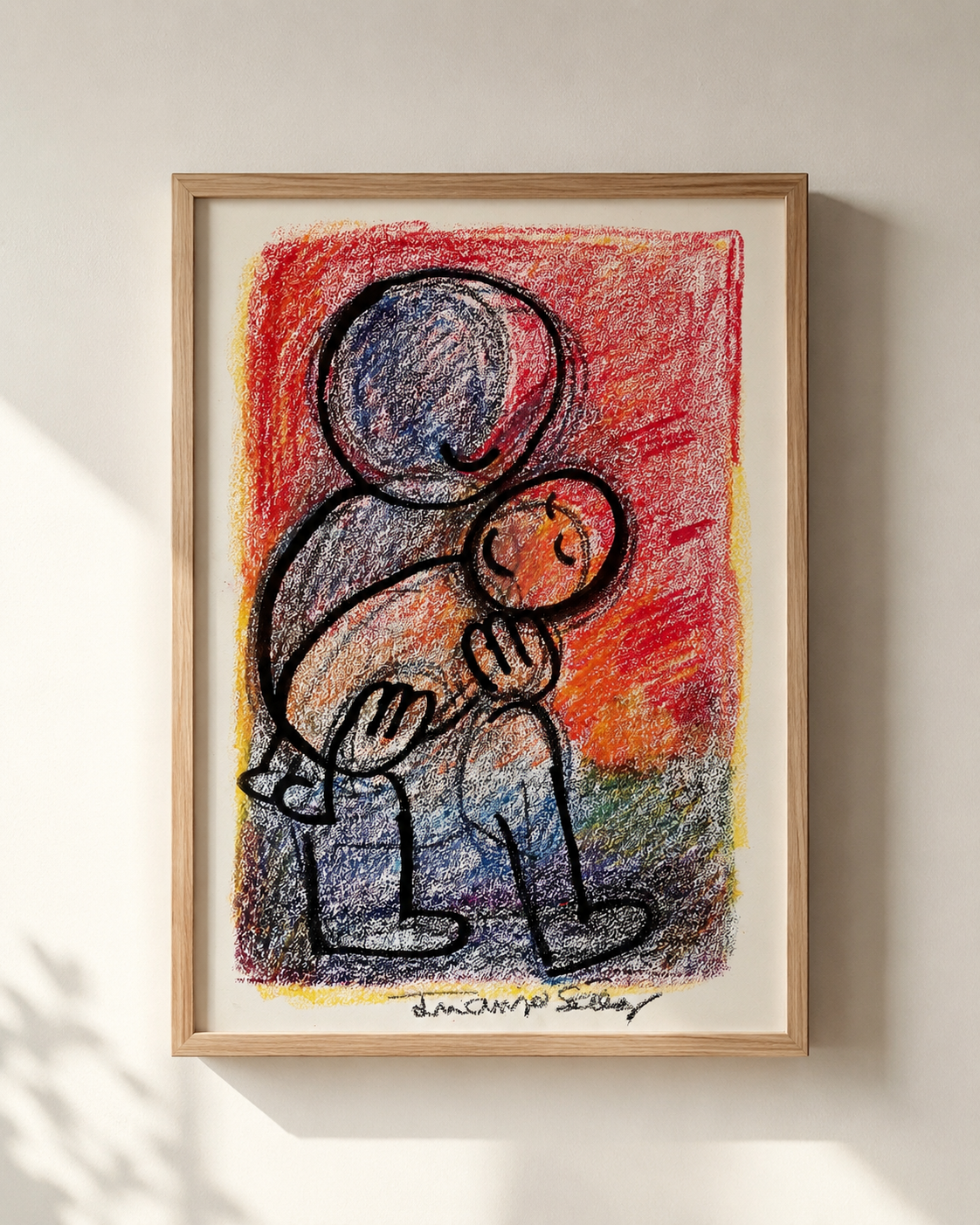 Papá durmiendo al nene, ceras sobre papel, obra original de Juanjo Sáez – vista completa de la obra