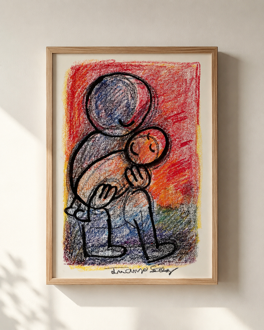 Papá durmiendo al nene, ceras sobre papel, obra original de Juanjo Sáez – vista completa de la obra