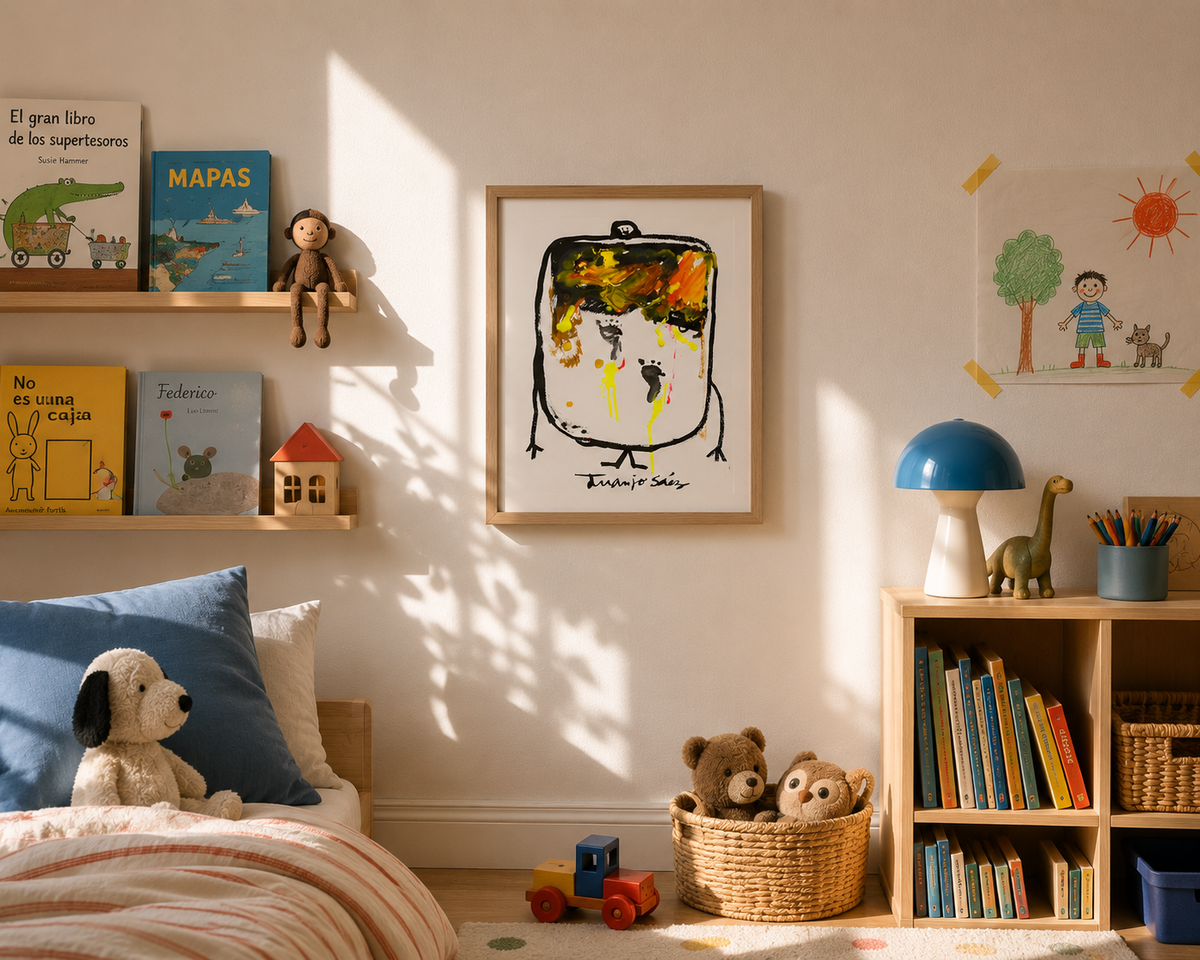 Huellas de bebé y su mamá, tinta china y anilinas sobre papel, obra original de Juanjo Sáez – vista lateral