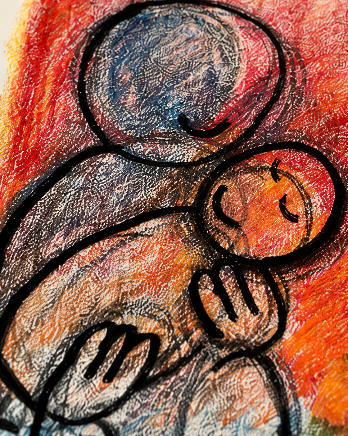 Papá durmiendo al nene, ceras sobre papel, obra original de Juanjo Sáez – detalle de textura