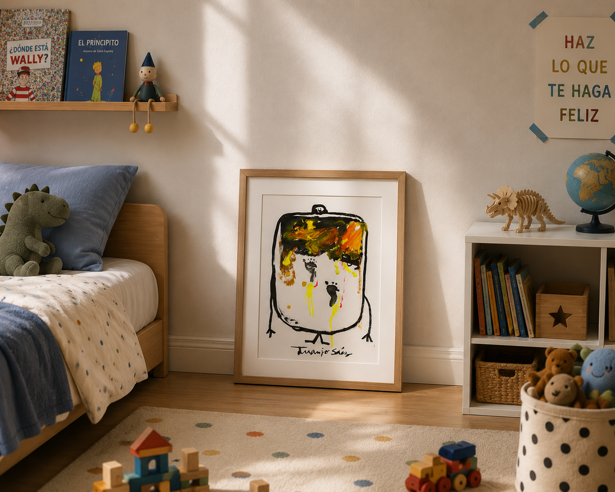 Huellas de bebé y su mamá, tinta china y anilinas sobre papel, obra original de Juanjo Sáez – detalle de la obra
