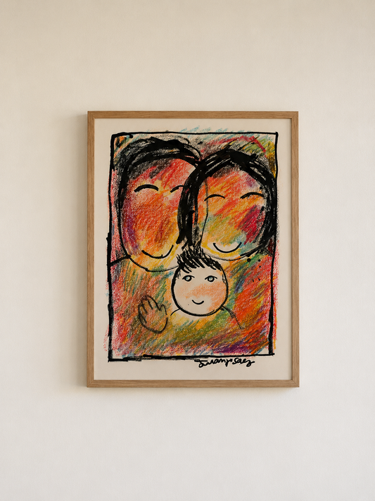 Somos tres, ceras y tinta china sobre papel, obra original de Juanjo Sáez – vista completa de la obra