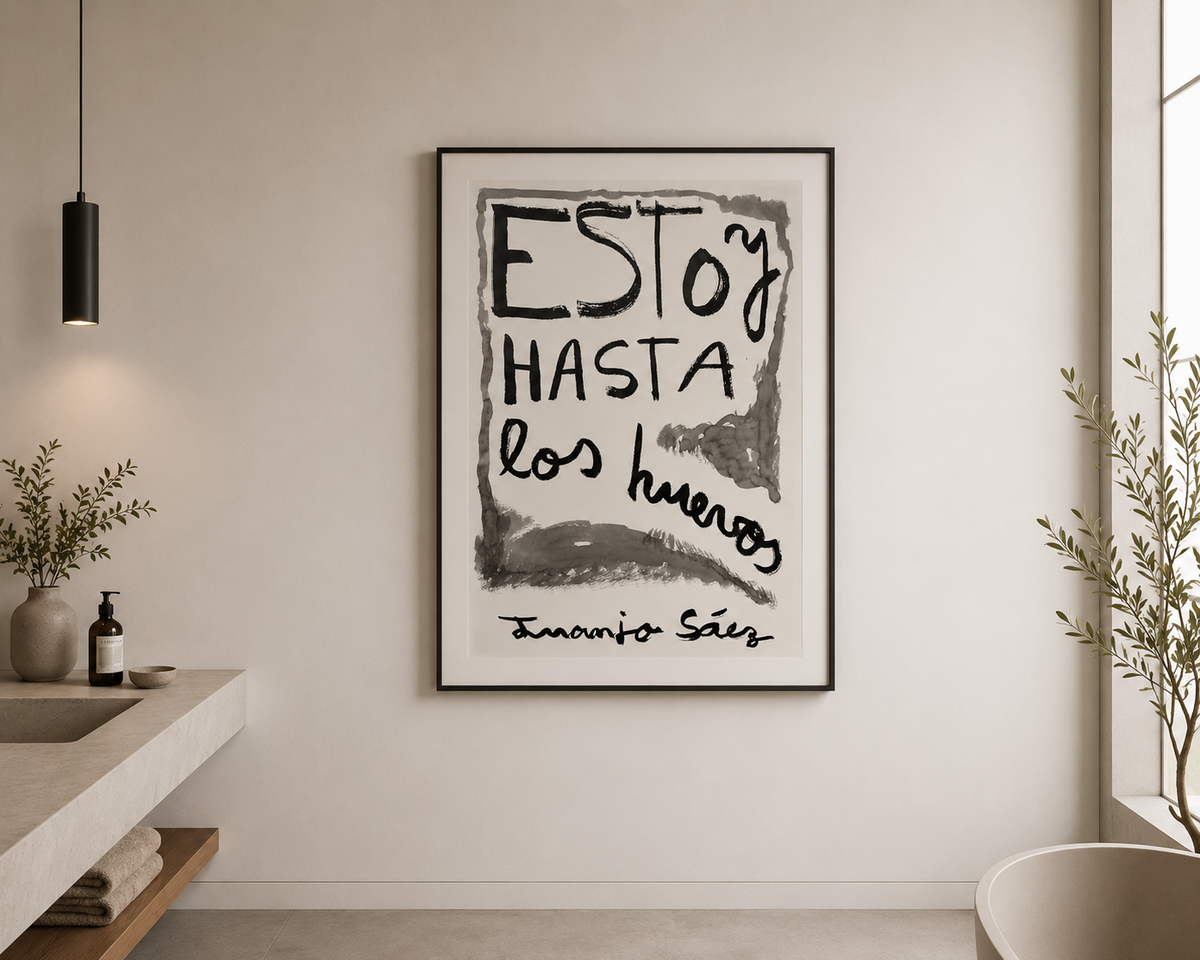 Estoy hasta los huevos, tinta china sobre papel Fabriano, obra original de Juanjo Sáez – vista en contexto