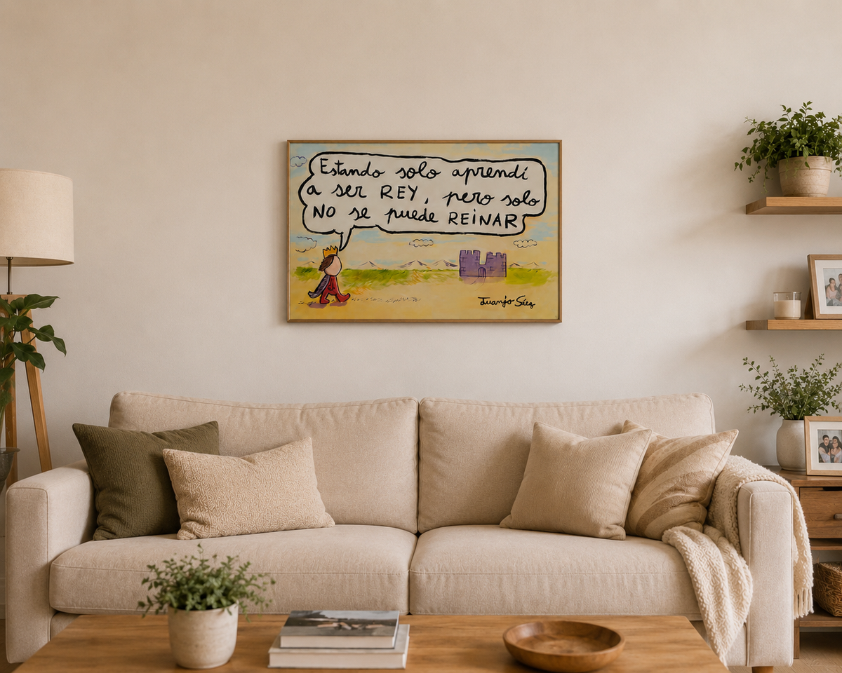 Solo no se puede reinar, óleo sobre tela, obra original de Juanjo Sáez – vista en contexto