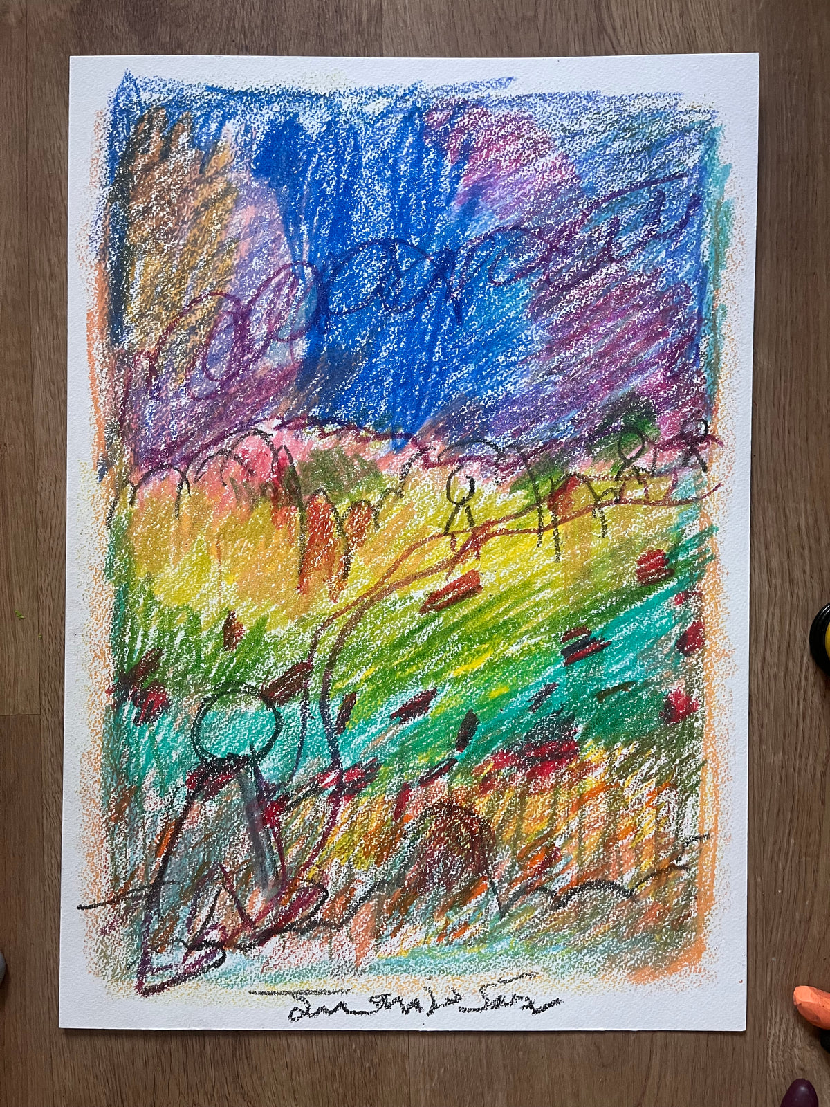 Un nuevo camino, ceras sobre papel, obra original de Juanjo Sáez – detalle de la firma