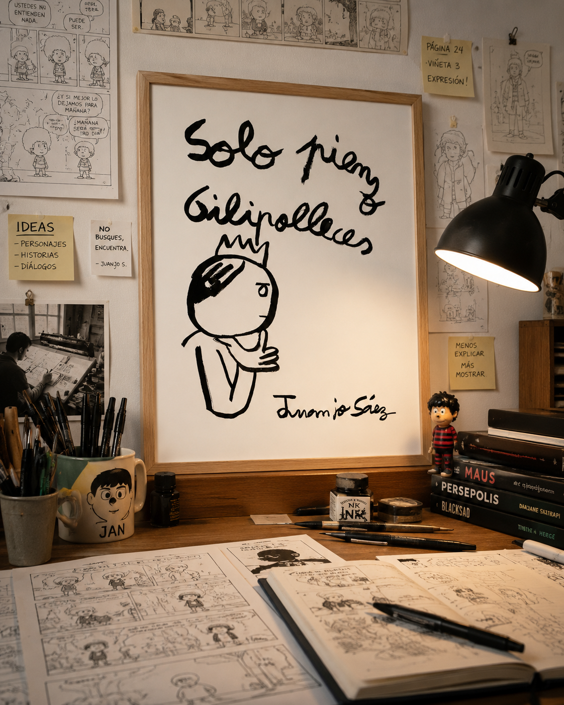 Solo pienso gilipolleces, tinta china sobre papel Fabriano, obra original de Juanjo Sáez – vista en contexto