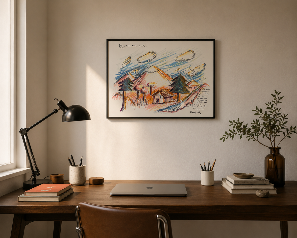 Pintura para decorar en el salón, rotuladores sobre papel, obra original de Juanjo Sáez – vista en contexto