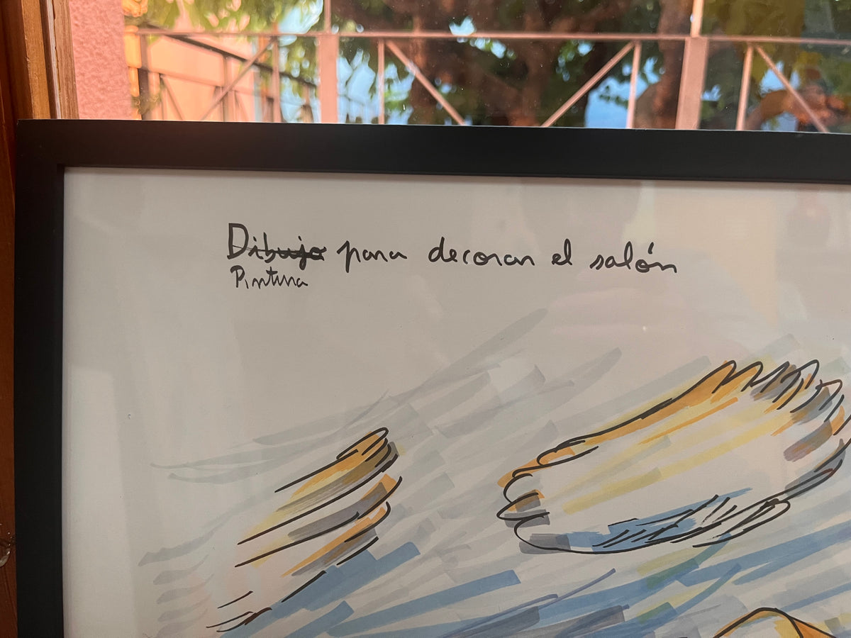 Pintura para decorar en el salón, rotuladores sobre papel, obra original de Juanjo Sáez – vista de conjunto