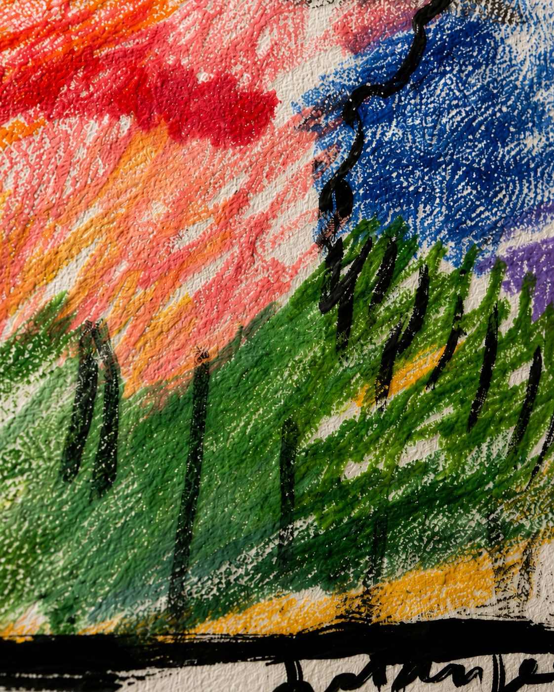 El bosque 1, ceras y tinta china sobre papel, obra original de Juanjo Sáez – detalle de la firma