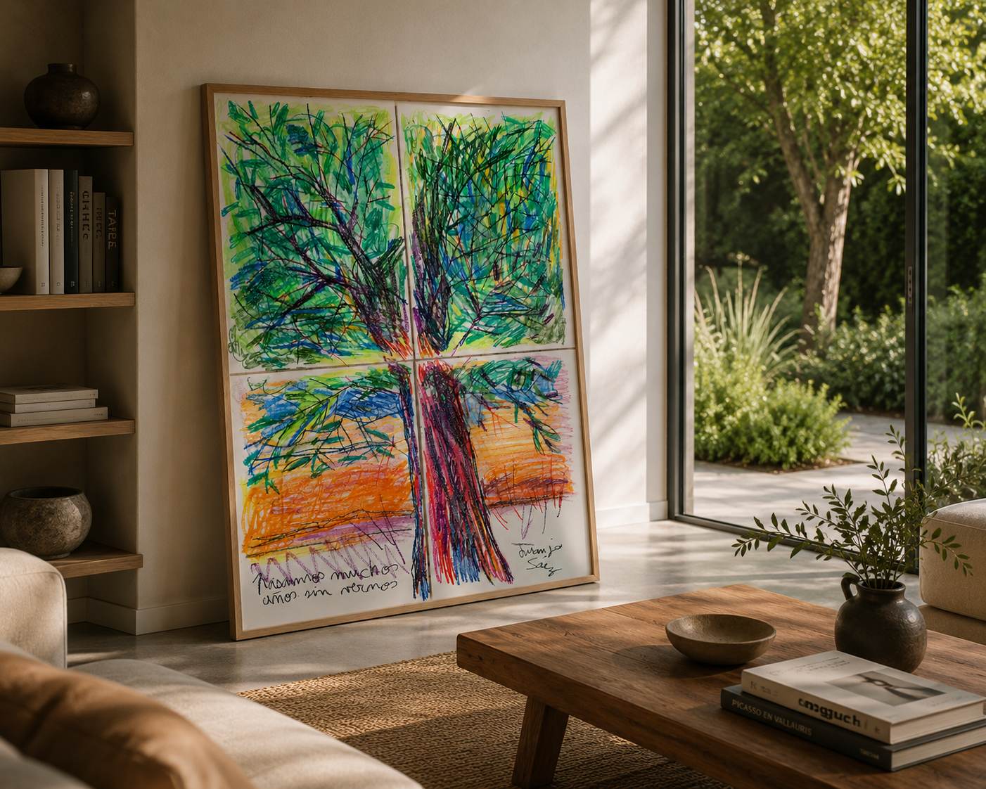 El árbol · Cuádriptico · Ceras grasas sobre papel Fabriano · Juanjo Sáez