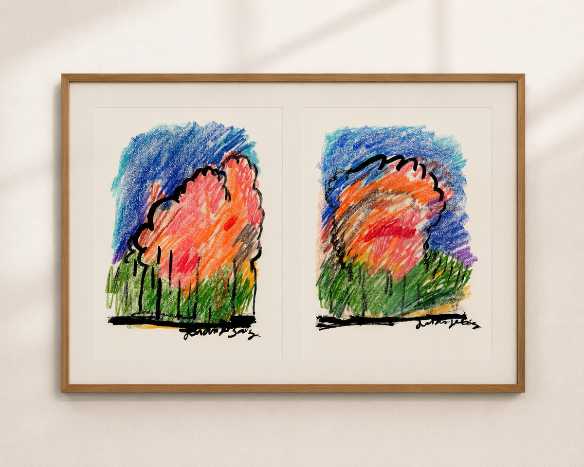El bosque, díptico en ceras y tinta china sobre papel, obra original de Juanjo Sáez – detalle de la segunda obra