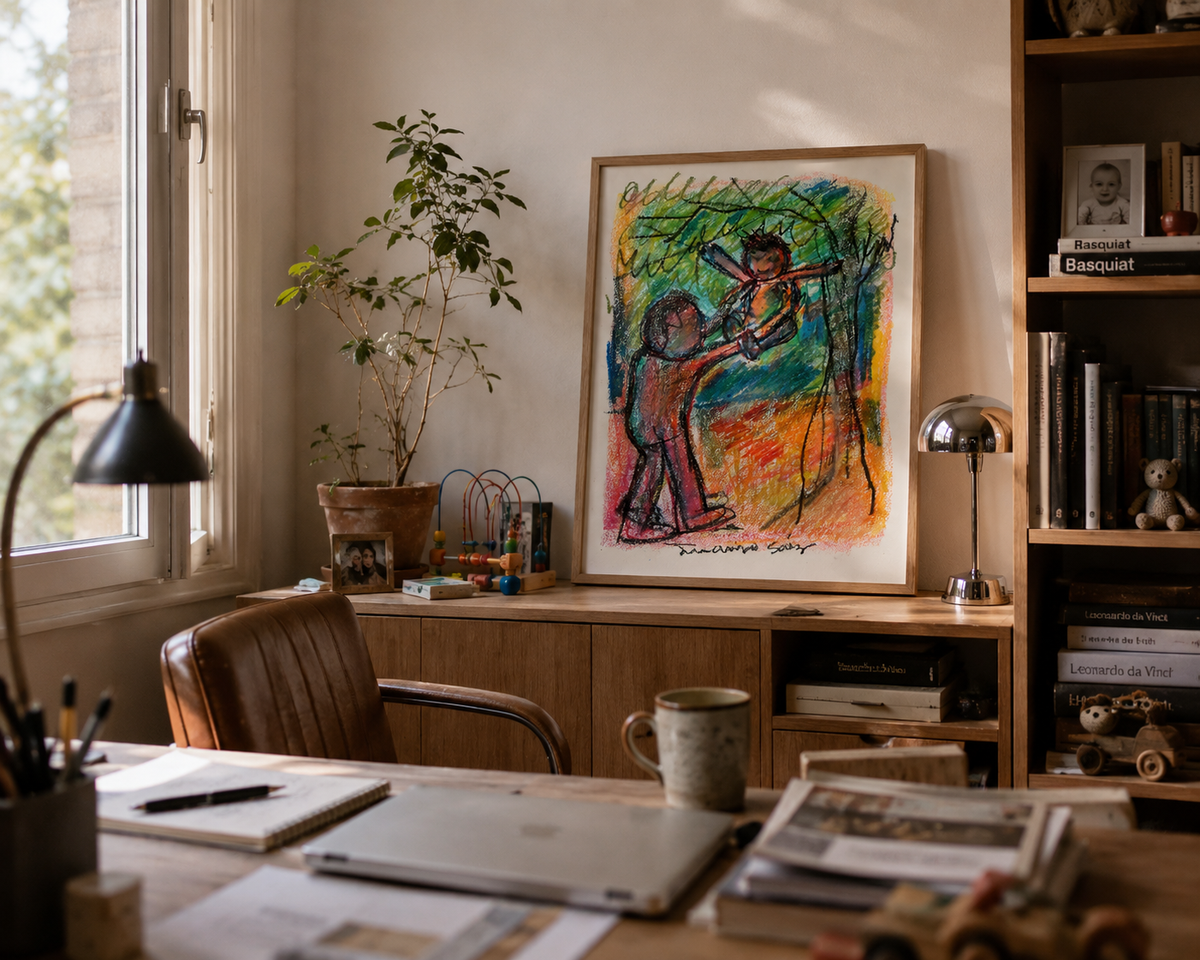 Los brazos de papá, ceras sobre papel, obra original de Juanjo Sáez – vista en contexto