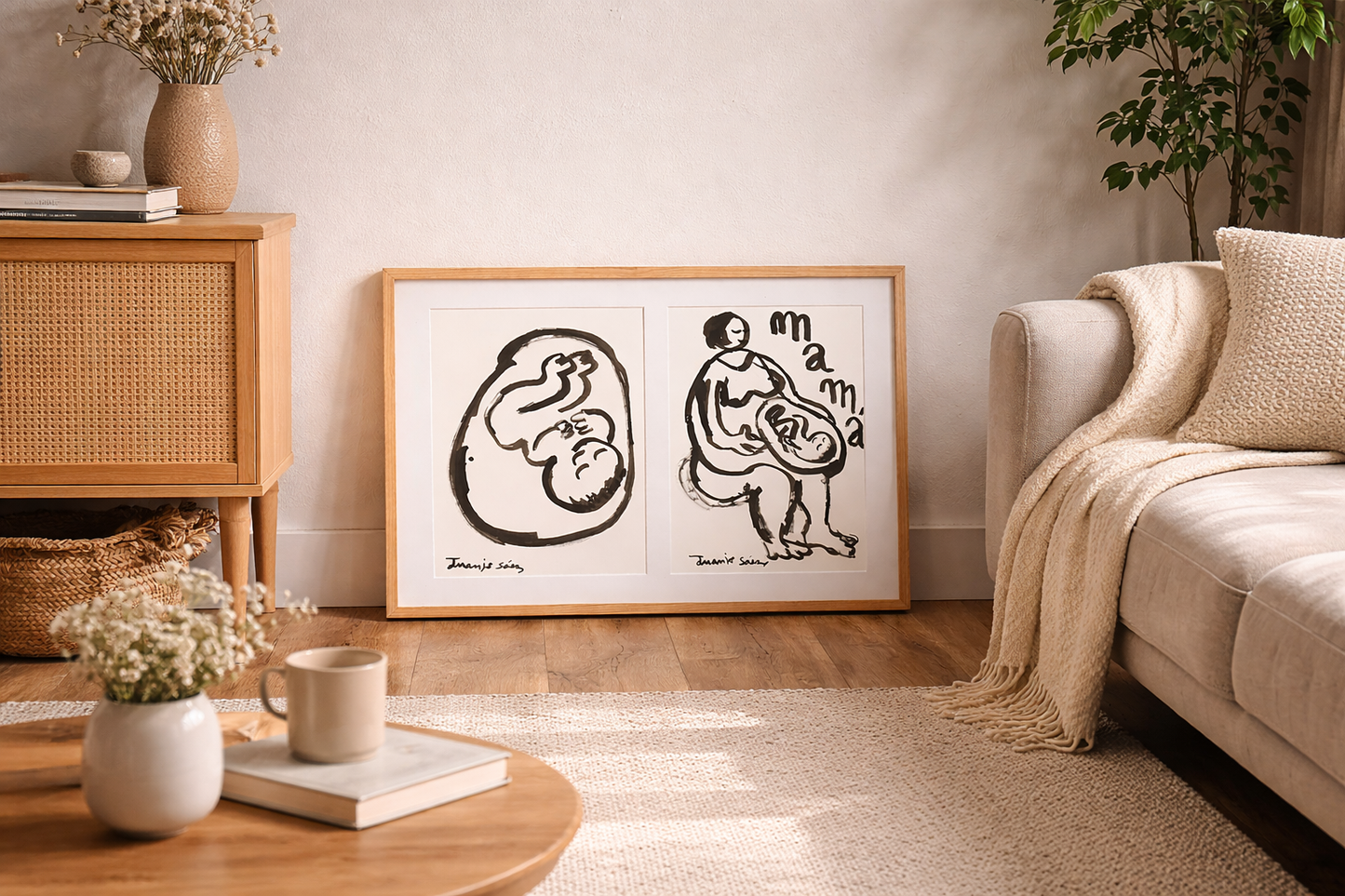 Díptico futura mamá · Tinta china sobre papel · Juanjo Sáez