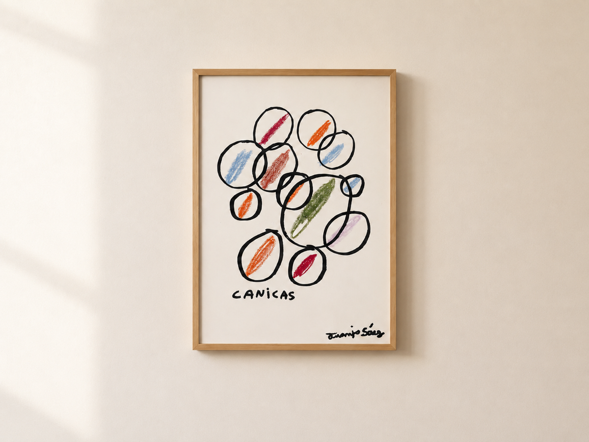 Canicas 2 de Juanjo Sáez enmarcada, pintura original en ceras y tinta china para decoración del hogar