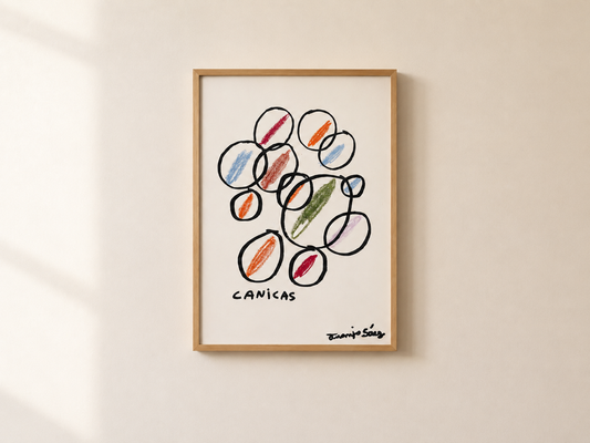 Canicas 2 de Juanjo Sáez enmarcada, pintura original en ceras y tinta china para decoración del hogar