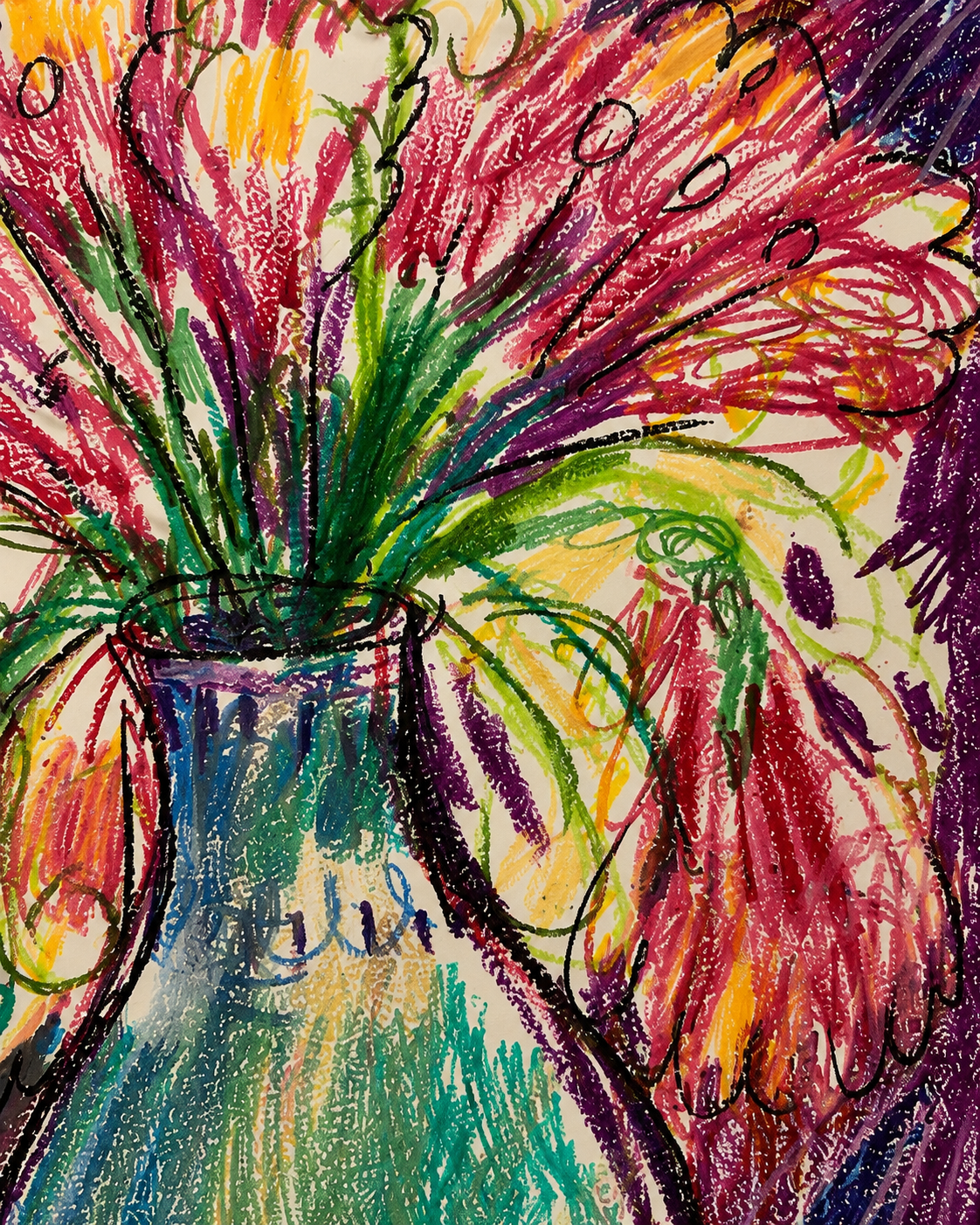 Jarrón de flores · Ceras grasas sobre papel Fabriano · Juanjo Sáez