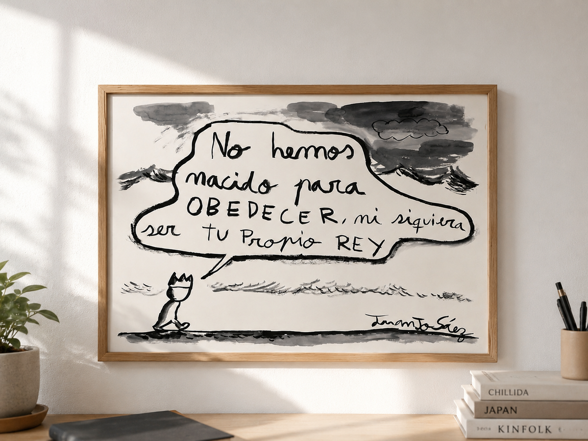 No hemos nacido para obedecer, tinta china sobre papel Fabriano, obra original de Juanjo Sáez – vista lateral