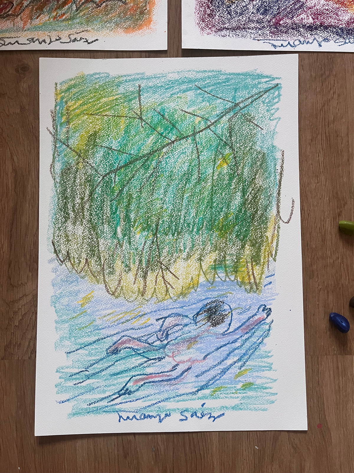 Nadando en el lago, obra original de Juanjo Sáez – detalle de la firma