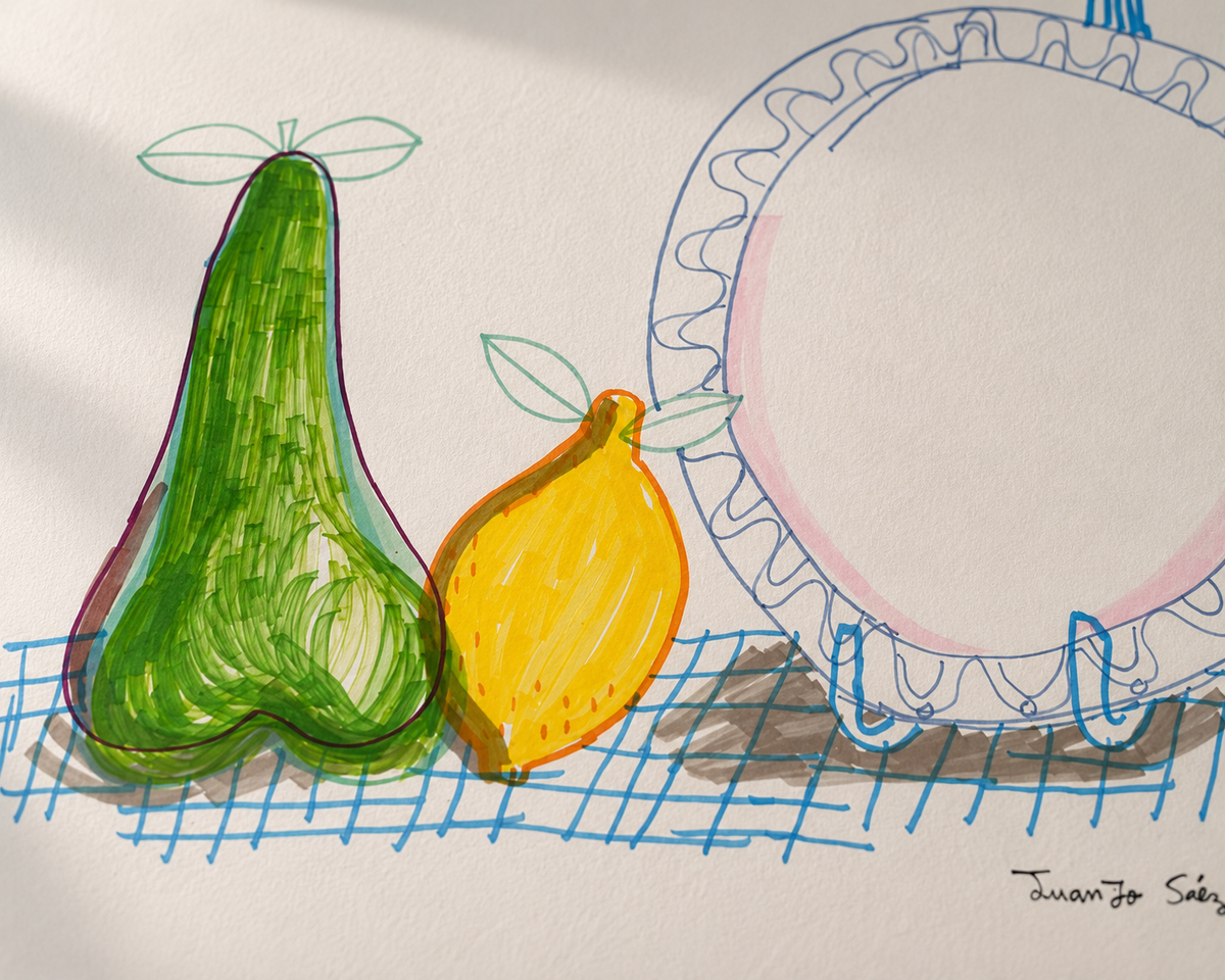 Bodegón, rotuladores sobre papel, obra original de Juanjo Sáez – vista en contexto