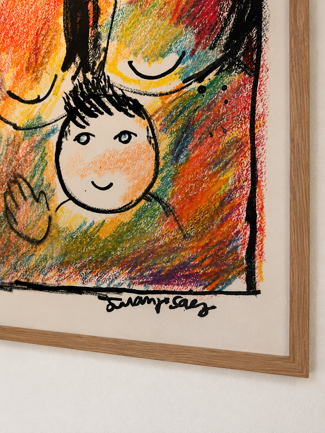 Somos tres, ceras y tinta china sobre papel, obra original de Juanjo Sáez – detalle de la obra