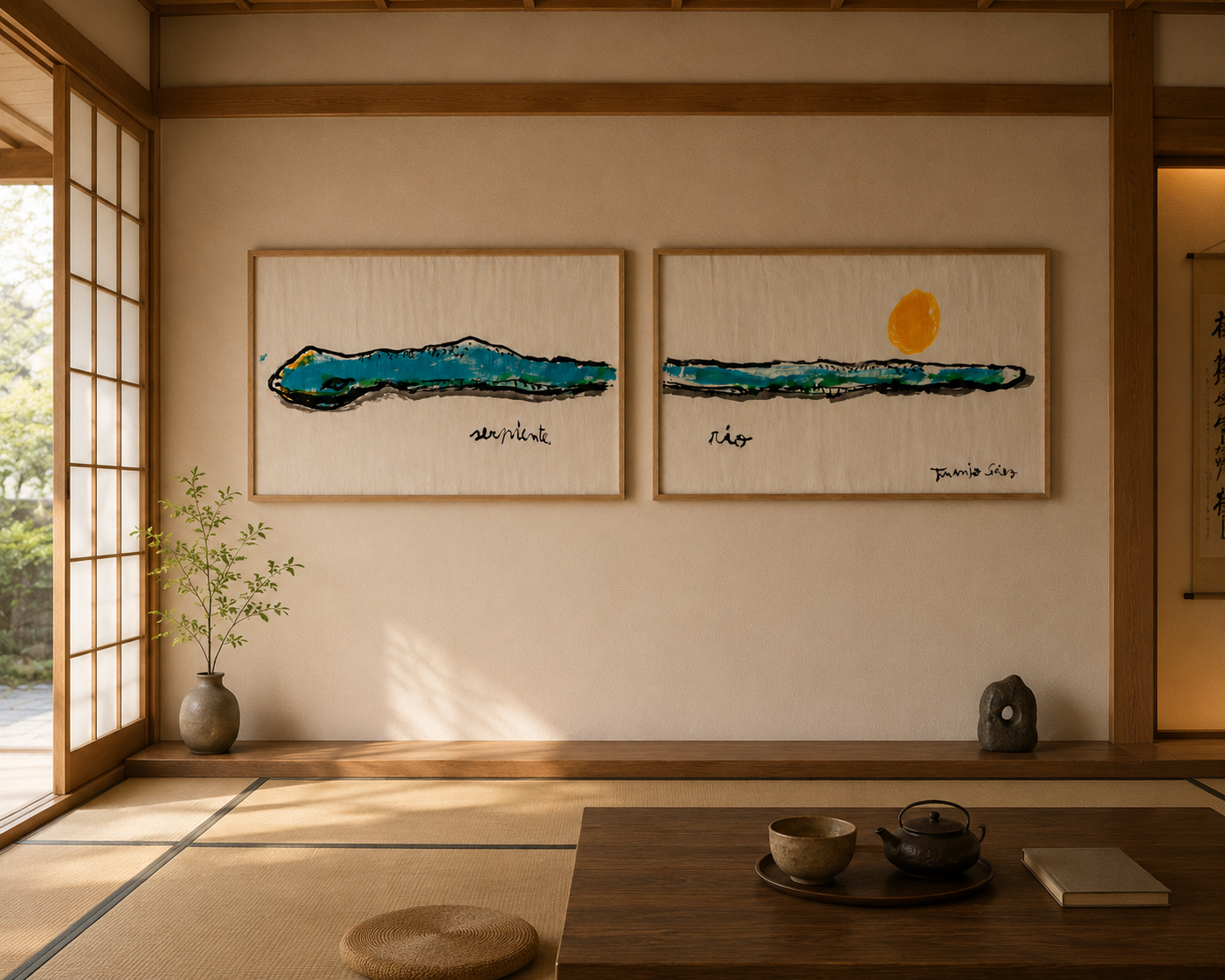 Serpiente río · Díptico · Tinta china y acrílico sobre papel Xuan · Juanjo Sáez