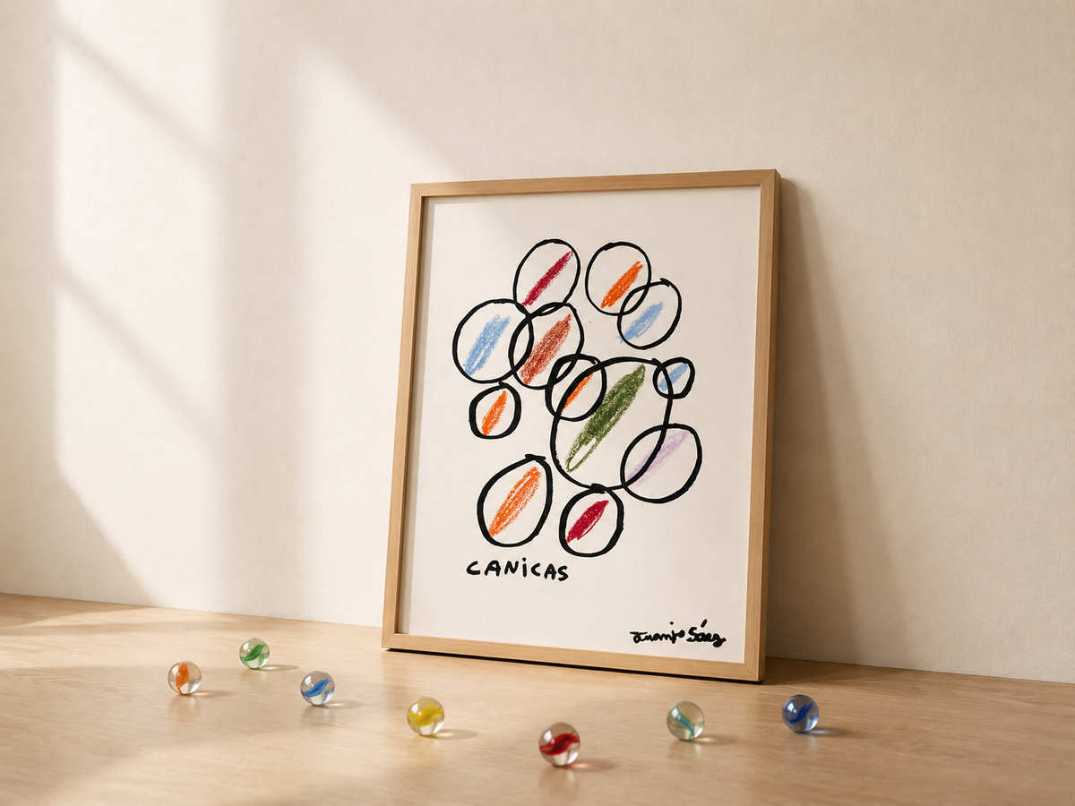 Obra Canicas 2 de Juanjo Sáez con marco de madera, arte contemporáneo español con círculos de colores