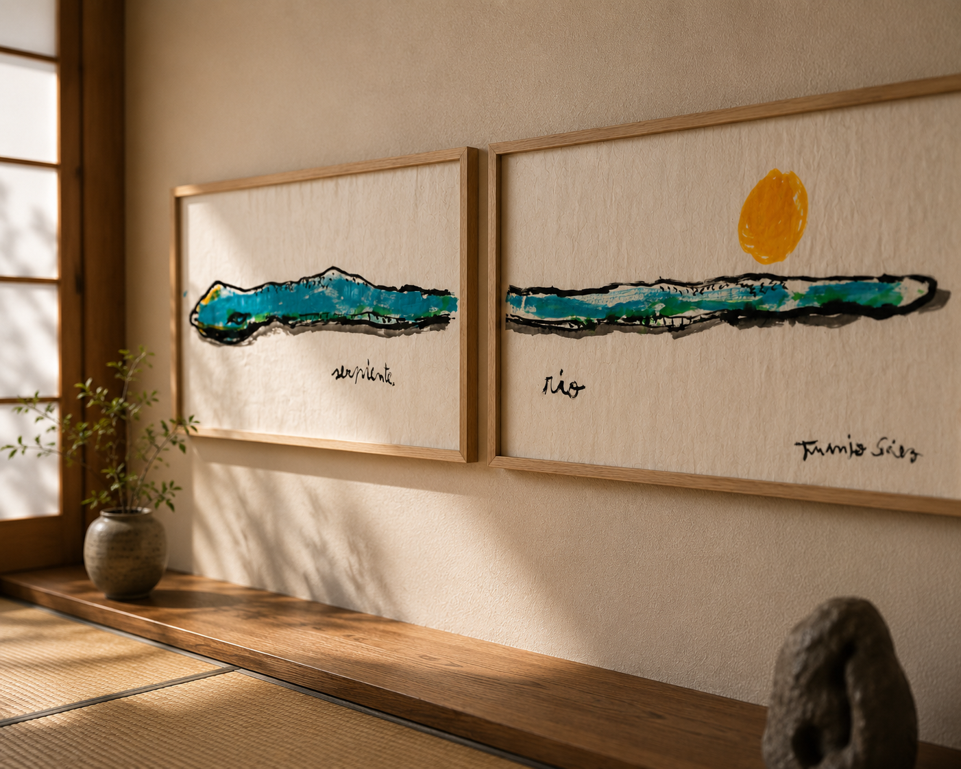 Serpiente río · Díptico · Tinta china y acrílico sobre papel Xuan · Juanjo Sáez