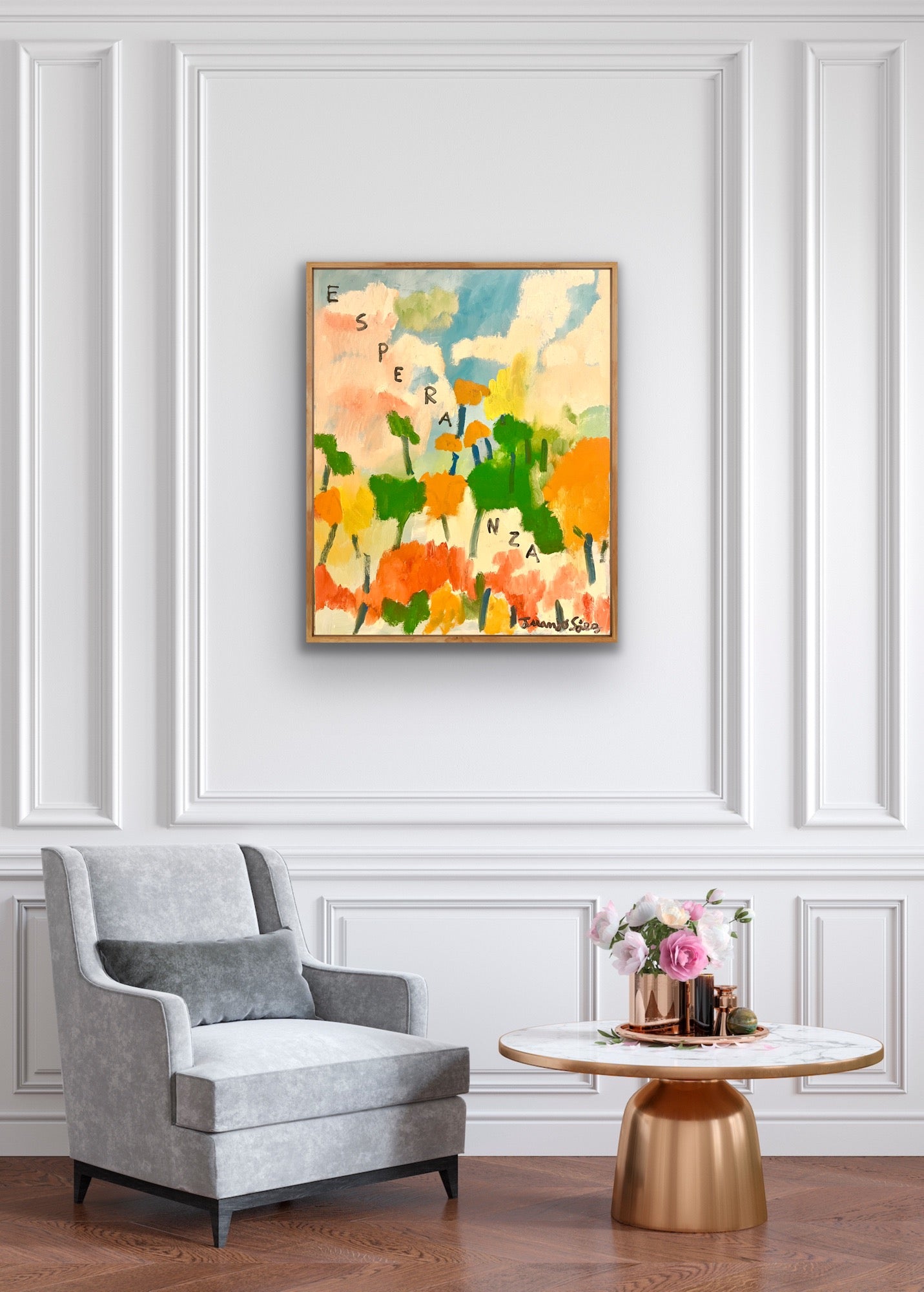 Esperanza de Juanjo Sáez – óleo en contexto de espacio interior, obra única 100x81cm