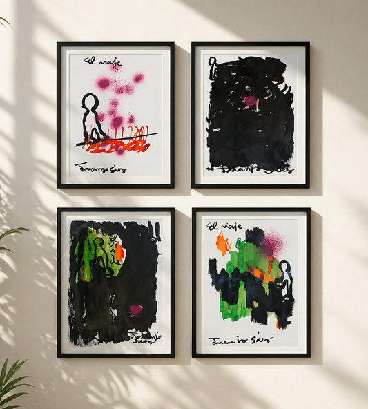 Viaje imaginario · Conjunto de 4 originales en tinta y anilinas · Juanjo Sáez