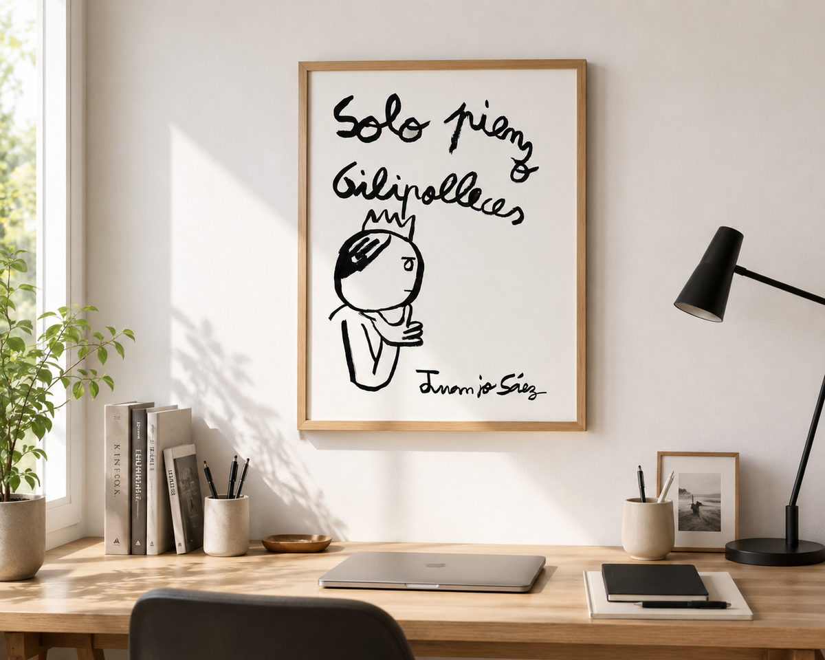 Solo pienso gilipolleces, tinta china sobre papel Fabriano, obra original de Juanjo Sáez – detalle de la firma