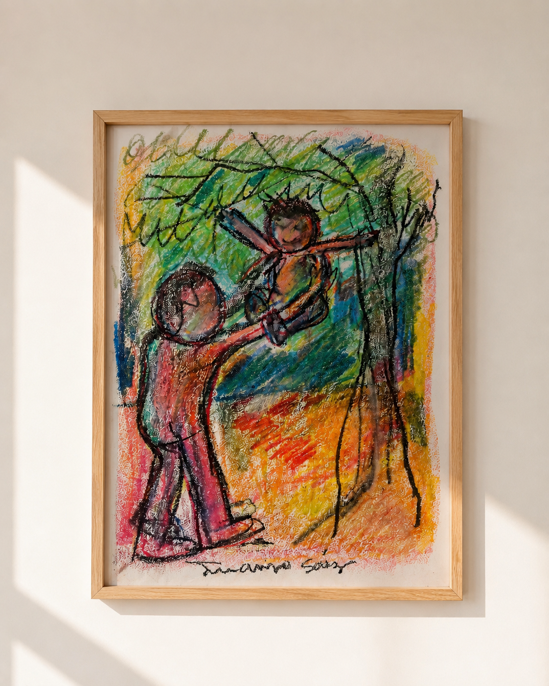 Los brazos de papá, ceras sobre papel, obra original de Juanjo Sáez – vista completa de la obra