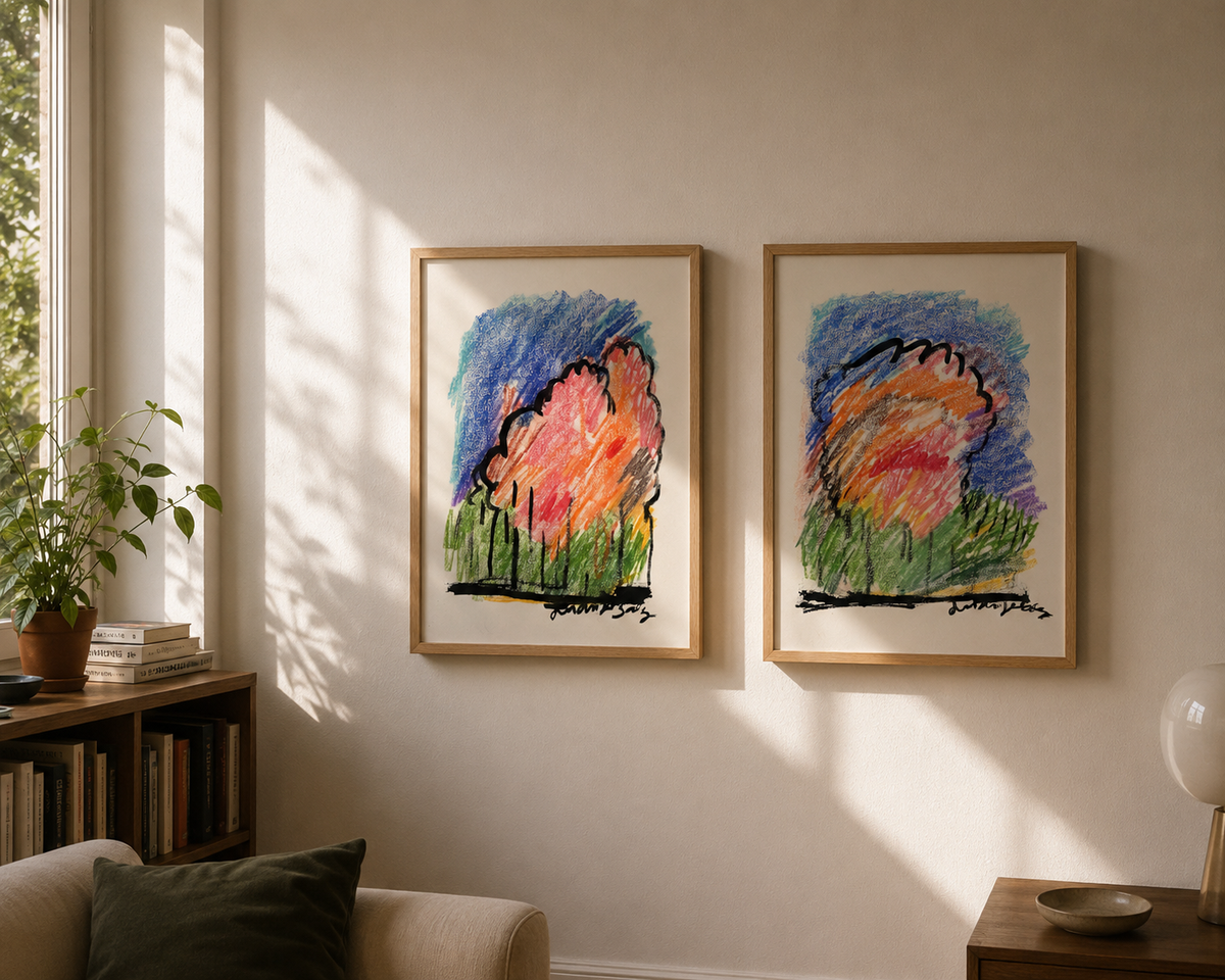 El bosque, díptico en ceras y tinta china sobre papel, obra original de Juanjo Sáez – vista lateral