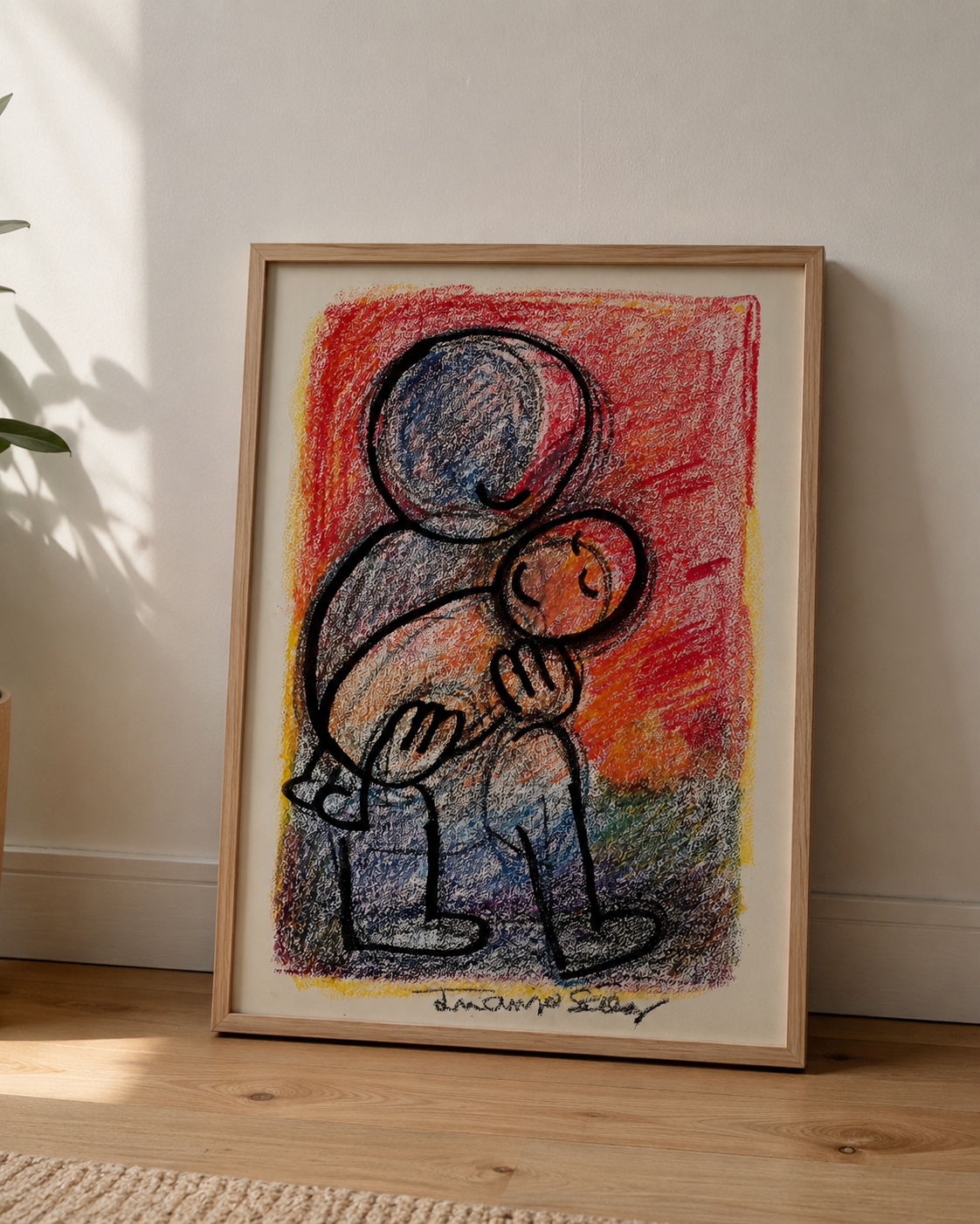 Papá durmiendo al nene, ceras sobre papel, obra original de Juanjo Sáez – detalle de la técnica