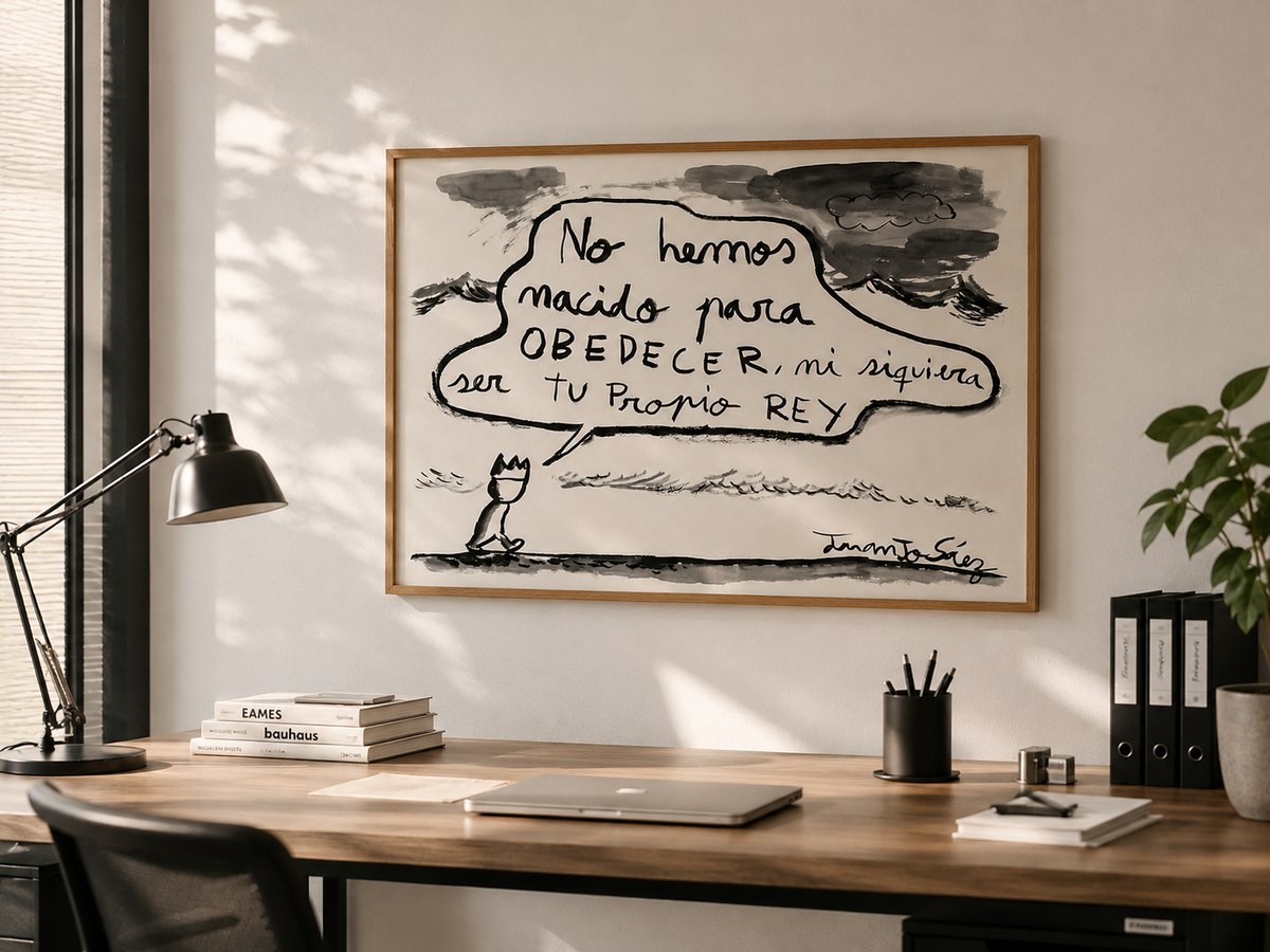 No hemos nacido para obedecer, tinta china sobre papel Fabriano, obra original de Juanjo Sáez – detalle de la firma