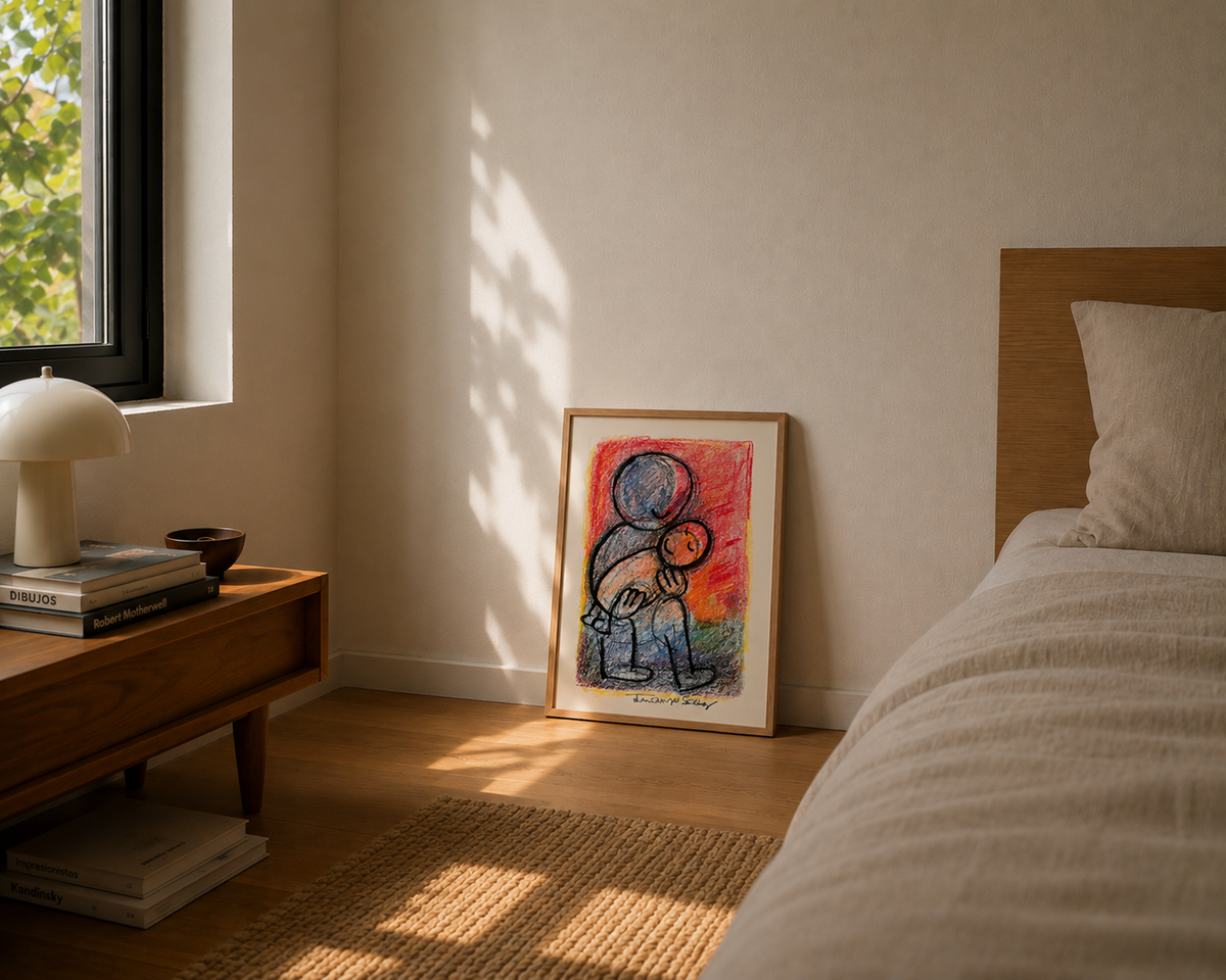 Papá durmiendo al nene, ceras sobre papel, obra original de Juanjo Sáez – vista en contexto