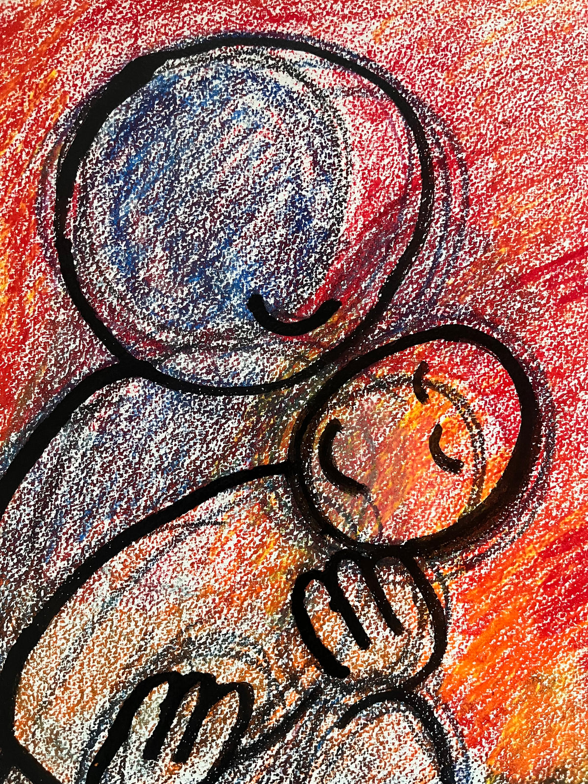 Papá durmiendo al nene, ceras sobre papel, obra original de Juanjo Sáez – vista de conjunto
