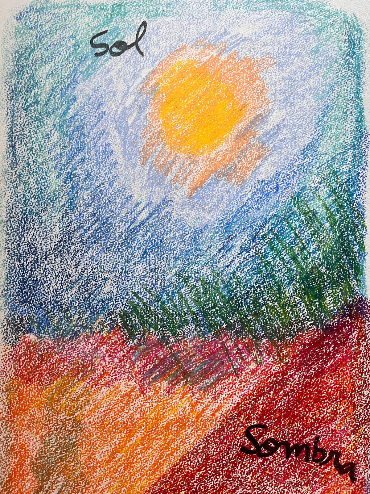 Sol y sombra, ceras sobre papel, obra original de Juanjo Sáez – detalle de la firma