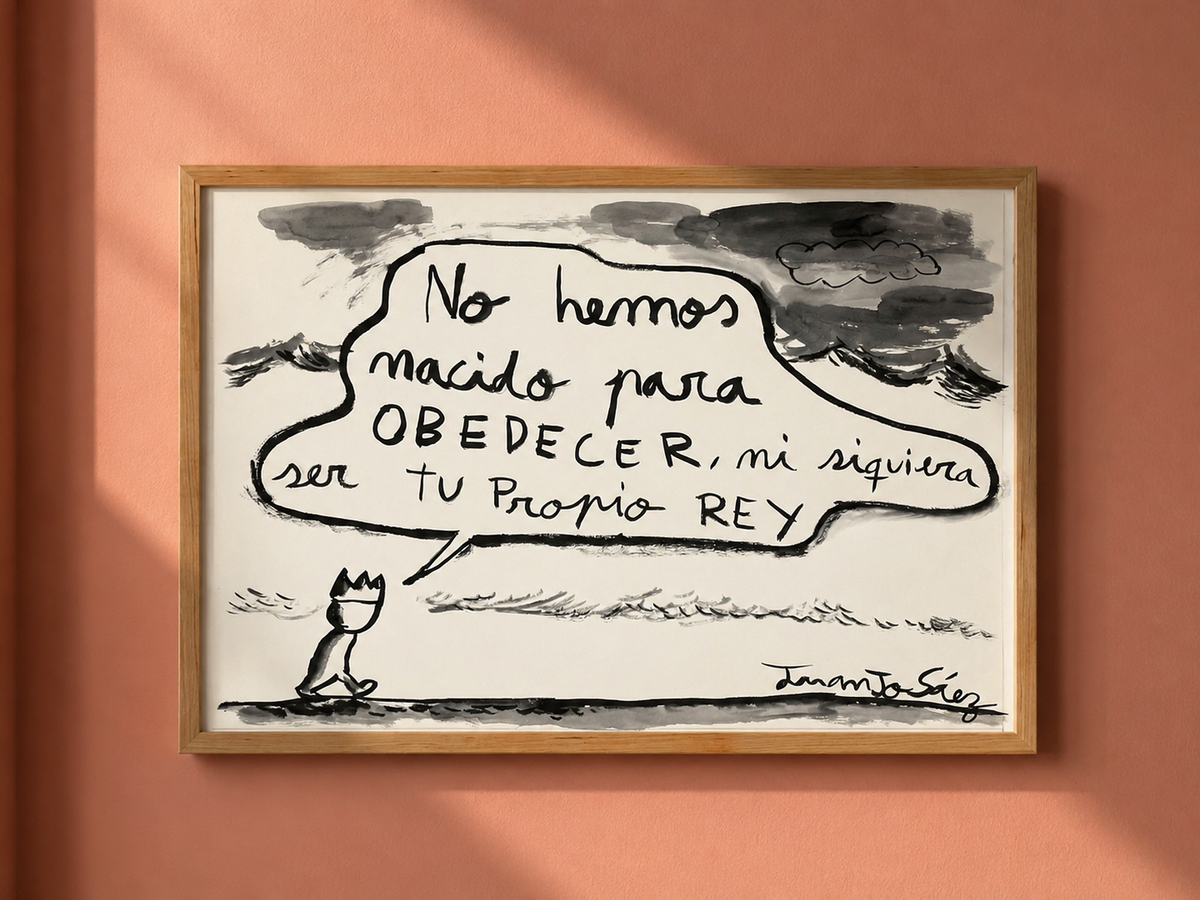 No hemos nacido para obedecer, tinta china sobre papel Fabriano, obra original de Juanjo Sáez – detalle de la técnica