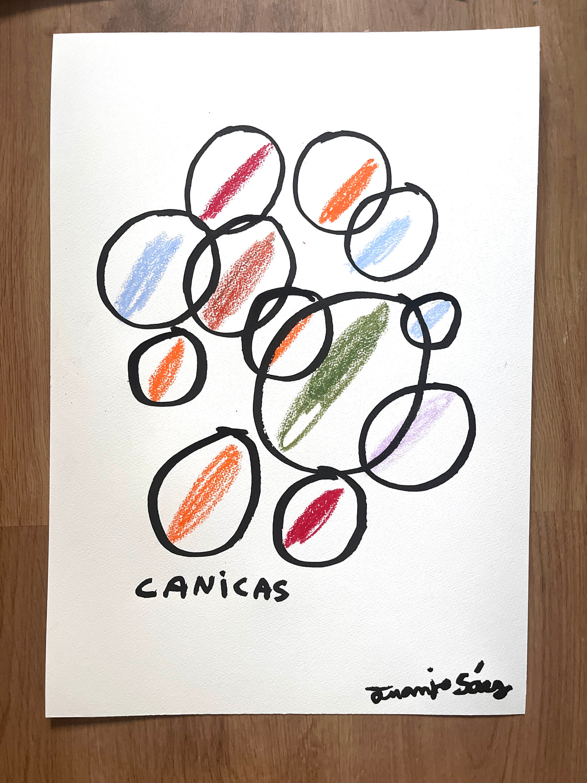Canicas 2, obra original de Juanjo Sáez: tinta china y ceras de colores sobre papel de algodón