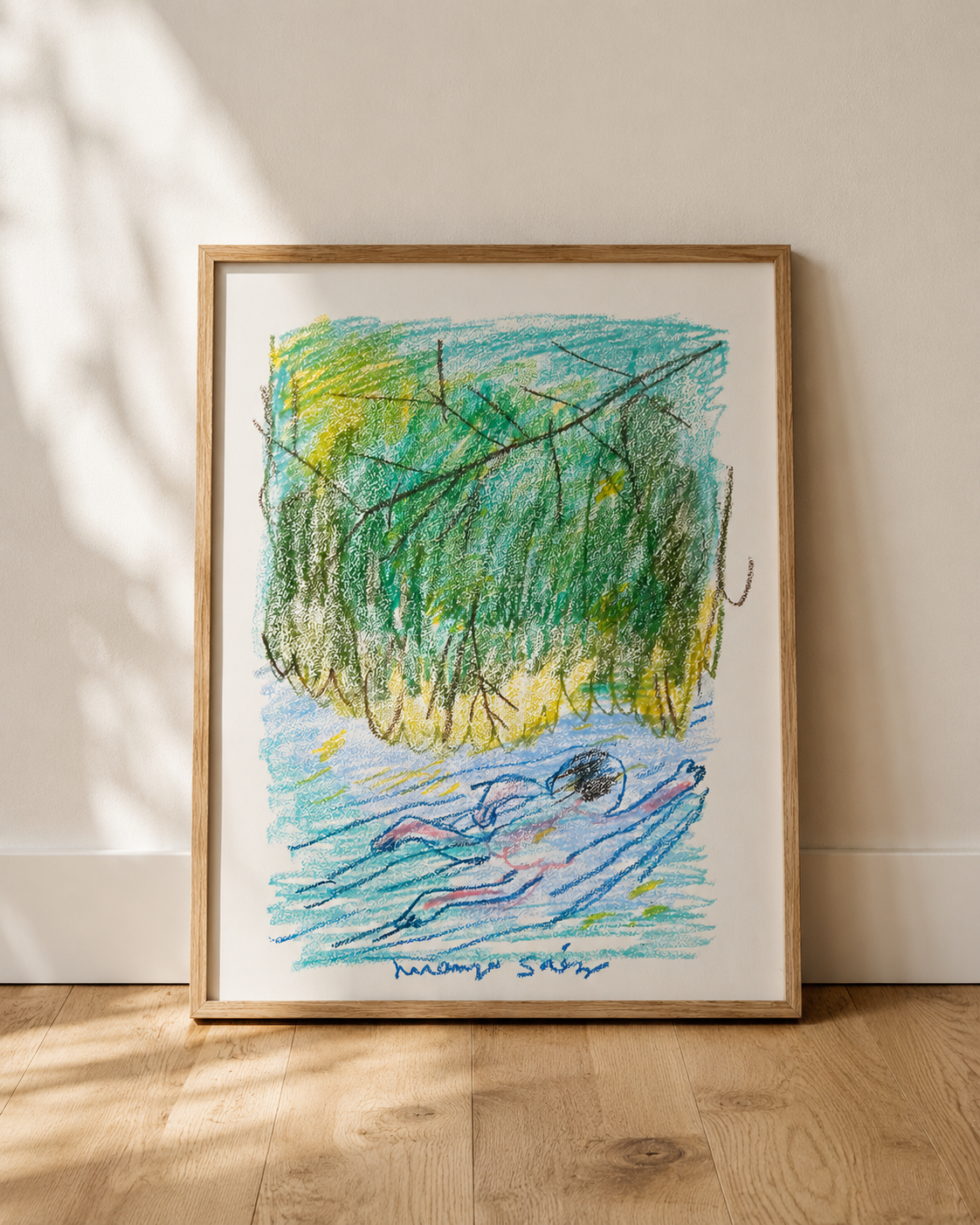 Nadando en el lago, obra original de Juanjo Sáez – detalle de la técnica