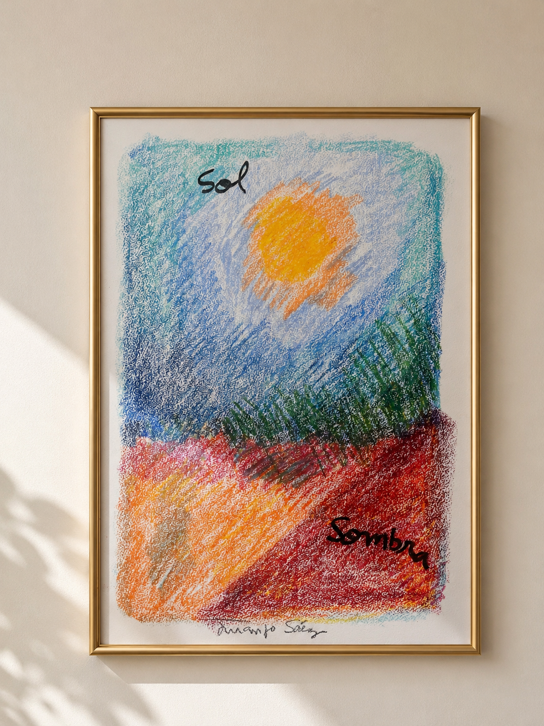 Sol y sombra, ceras sobre papel, obra original de Juanjo Sáez – vista completa de la obra