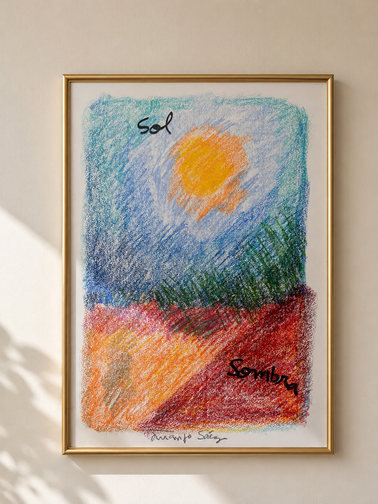 Sol y sombra, ceras sobre papel, obra original de Juanjo Sáez – vista completa de la obra
