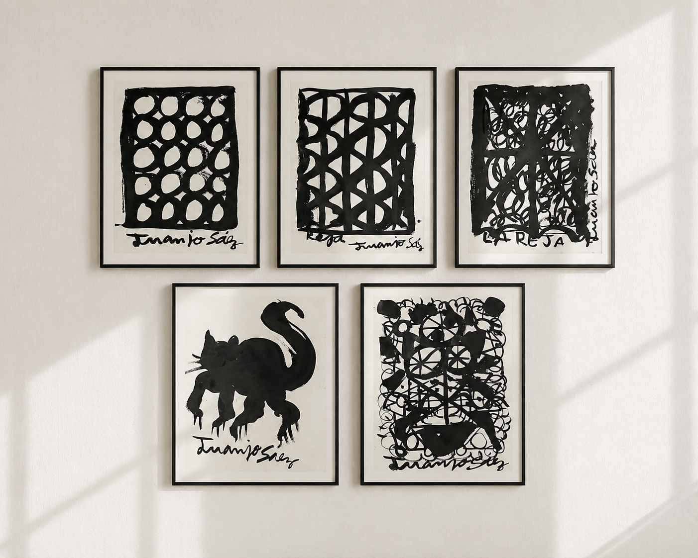 El gato y la reja · Conjunto de 5 tintas chinas · Juanjo Sáez