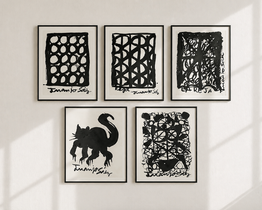 El gato y la reja · Conjunto de 5 tintas chinas · Juanjo Sáez