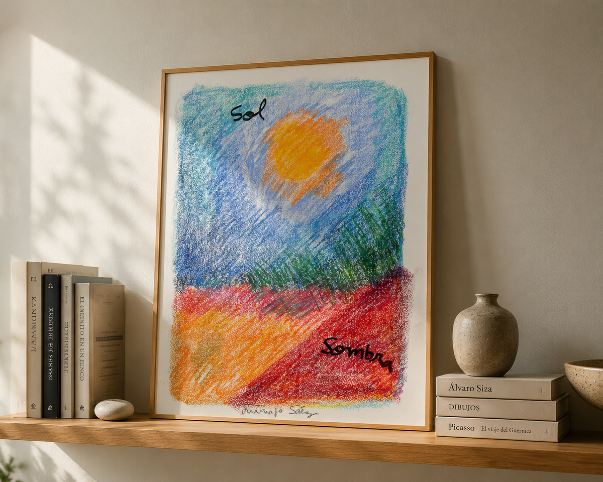 Sol y sombra, ceras sobre papel, obra original de Juanjo Sáez – vista en contexto