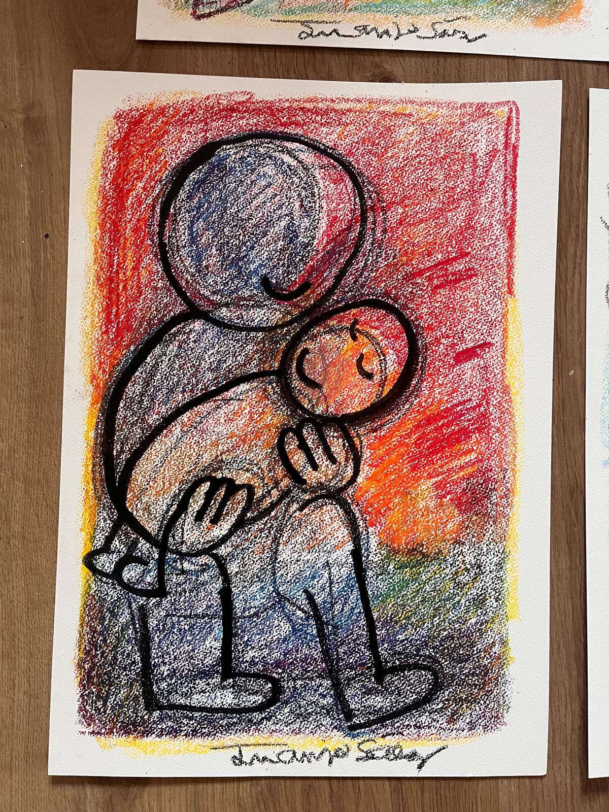 Papá durmiendo al nene, ceras sobre papel, obra original de Juanjo Sáez – vista lateral