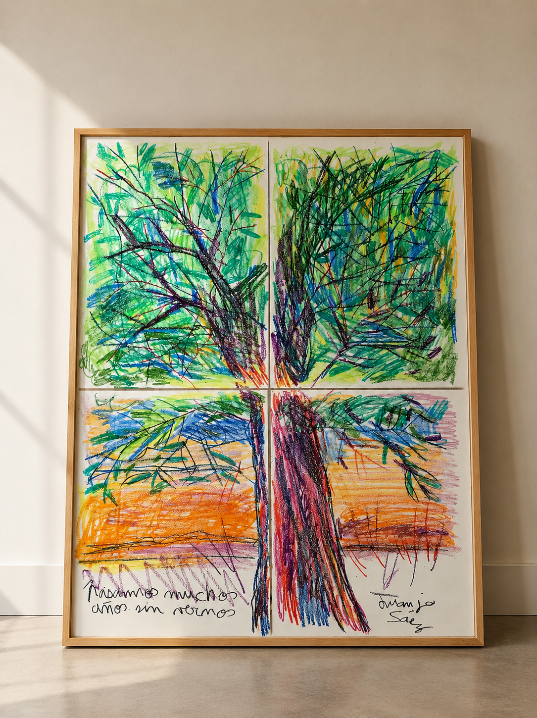 El árbol · Cuádriptico · Ceras grasas sobre papel Fabriano · Juanjo Sáez